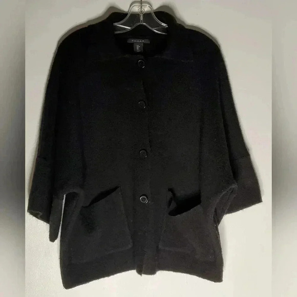 Tahari Cashmere Blend Black Oversized Open ButtonSz S Cropped Cardigan  Sweater - Picture 2 of 10